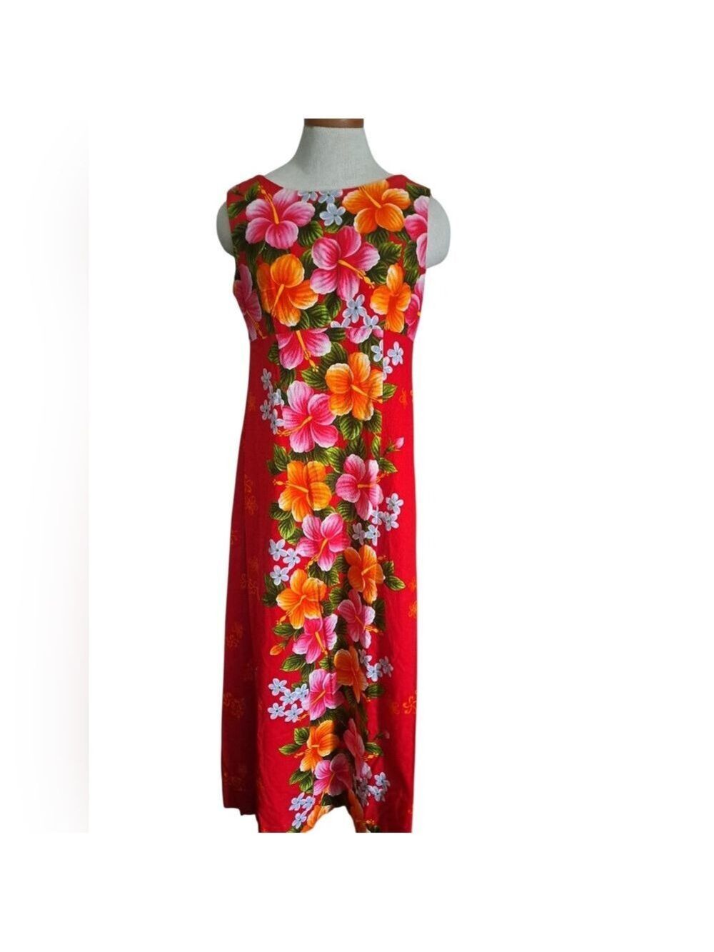 VTG UI-MAIKAI Hawaiian maxi Dress Long Floral Sleeveless cotton empire waist LG
